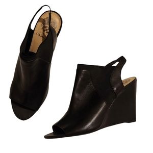 Vince Camuto | Xadrian Black Pepe Toe Leather Slingback Wedge Heels Size 10
